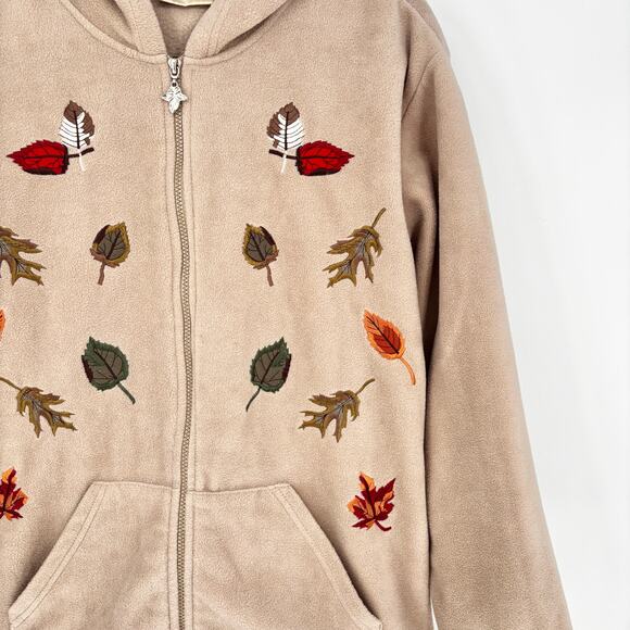 Nick & Sarah Tan Fall Leaves Hooded Zip-up Fleece Jacket Size L - Picture 3 of 6